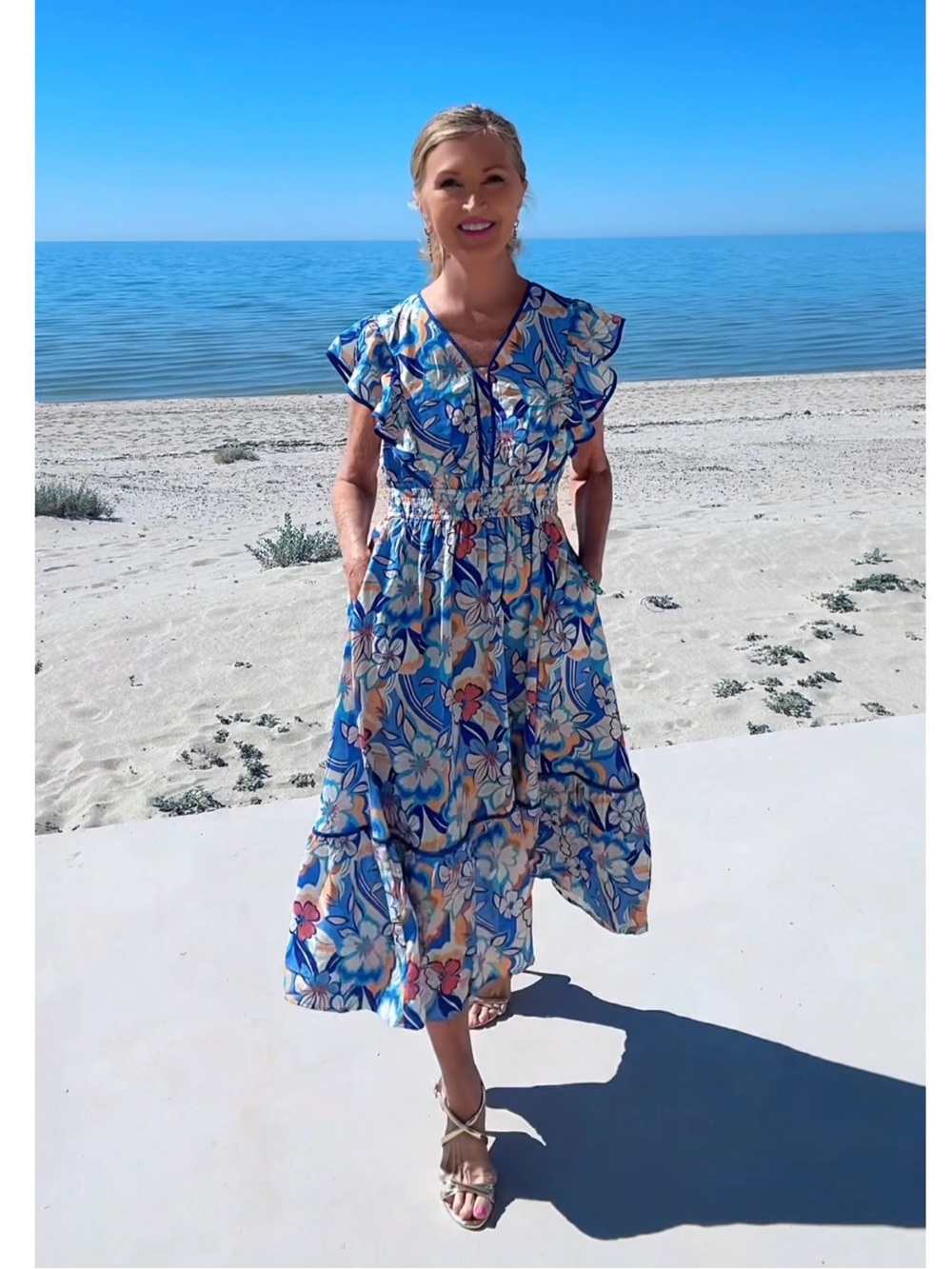 NWT Blue Floral Flutter Sleeve Midi Pocket Dress-S - Picture 3 of 13